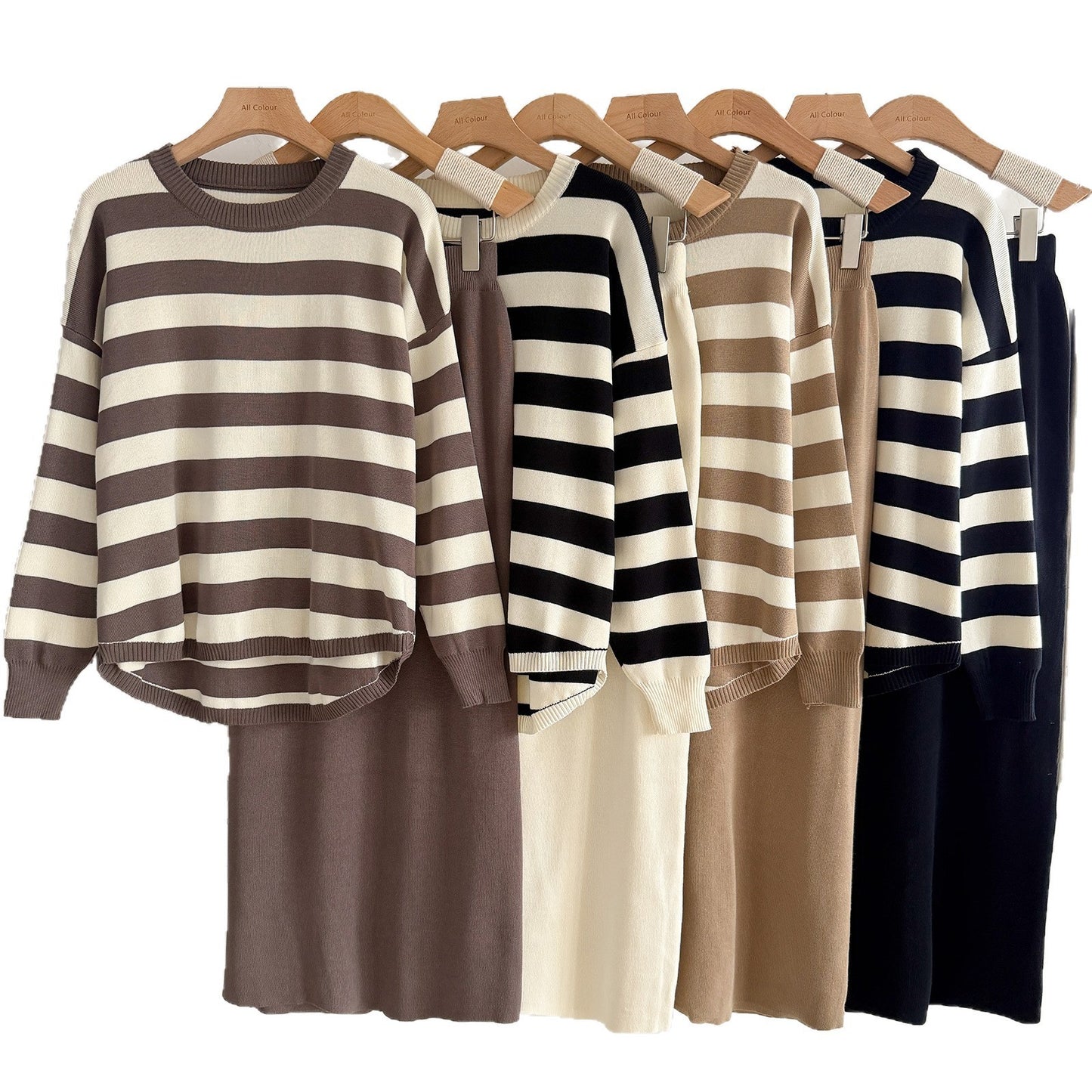 Fashion Long Sleeve T-shirt High Waist Skirt Knitted Two-piece