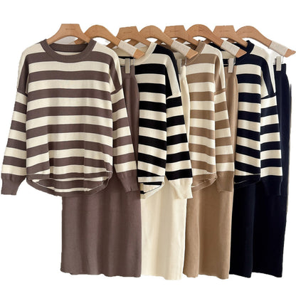 Fashion Long Sleeve T-shirt High Waist Skirt Knitted Two-piece