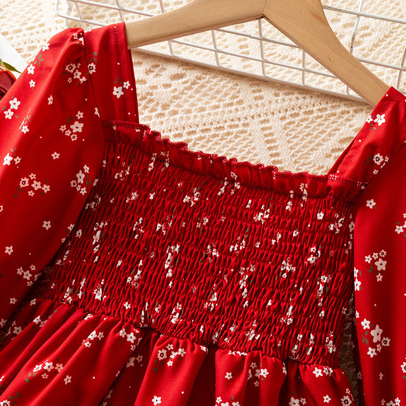 Autumn Girls' Long Sleeve French Puff Sleeve Princess Floral Skirt