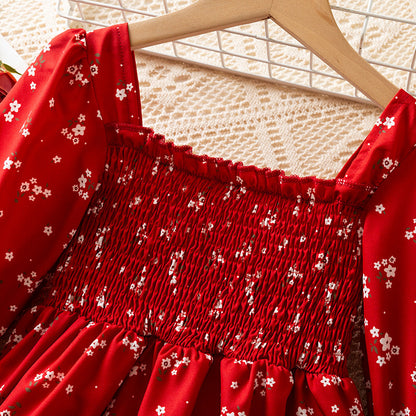 Autumn Girls' Long Sleeve French Puff Sleeve Princess Floral Skirt