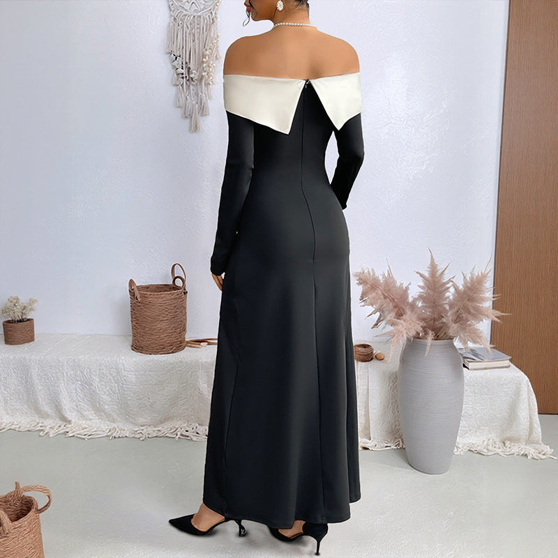 Female One Shoulder Patchwork Slim Long Dress