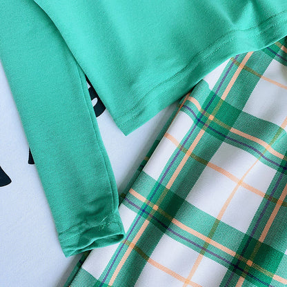 Fashion Girls Top Plaid Wide Leg Pants Set