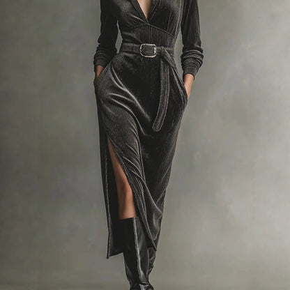 V-neck High Waist Solid Color Tie Slit Dress