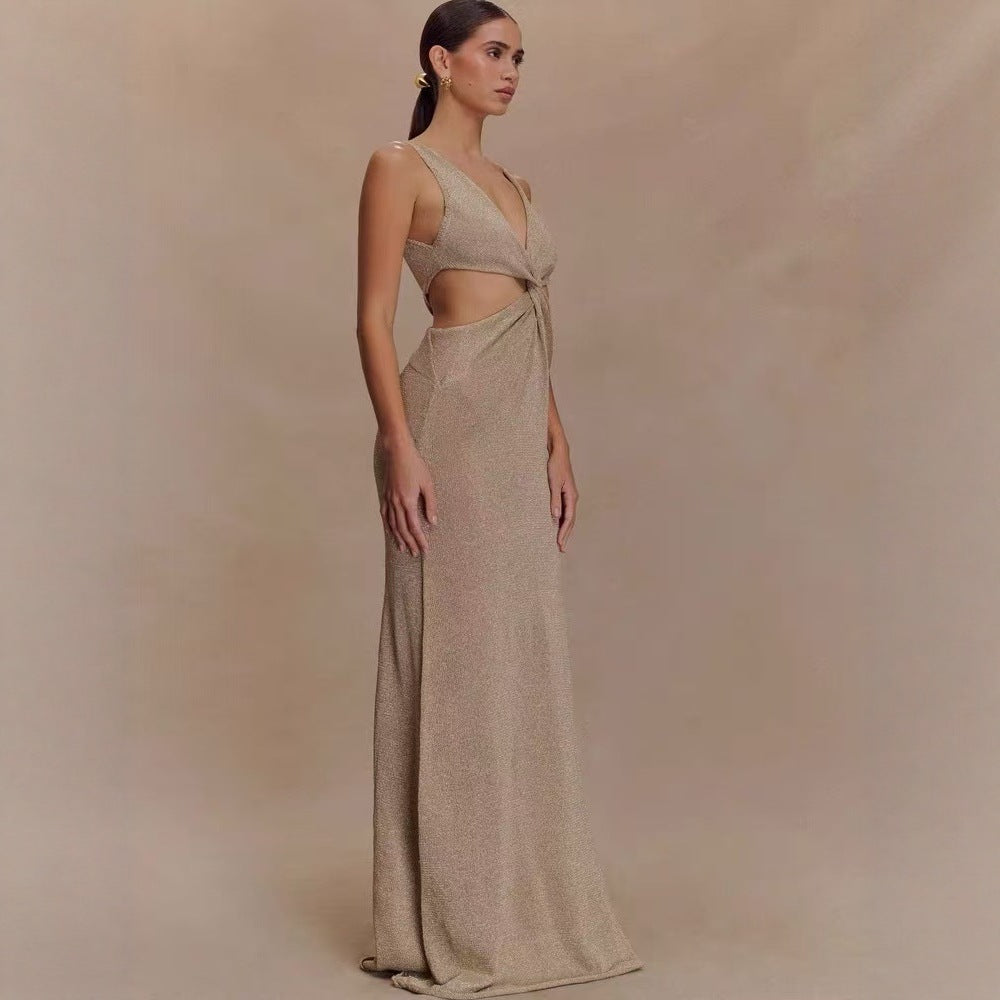 Sexy Twisted Vest Gold And Silver Wire Spring And Summer V-neck Dress