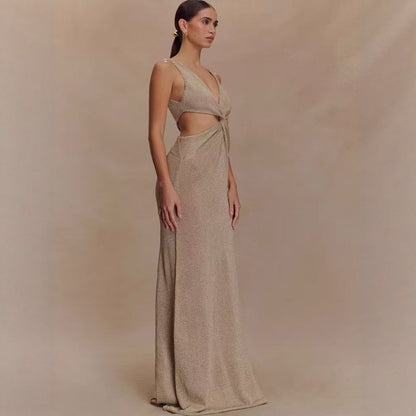 Sexy Twisted Vest Gold And Silver Wire Spring And Summer V-neck Dress