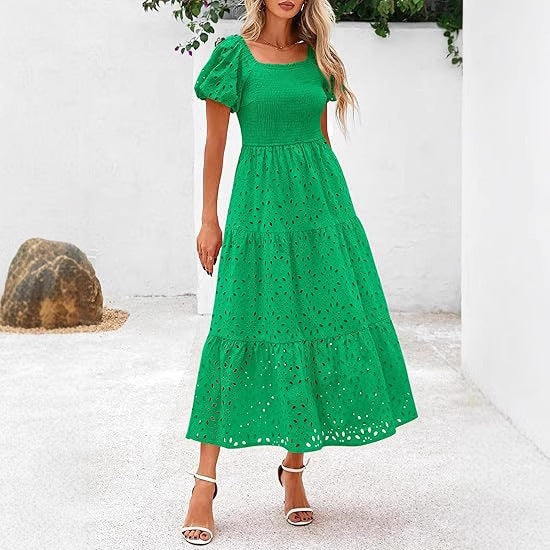 Square Collar Puff Sleeve Pleating Mesh Short Sleeve Dress