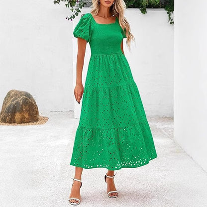 Square Collar Puff Sleeve Pleating Mesh Short Sleeve Dress