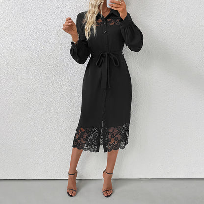 Lace Stitching Shirt Midi Dress Dress