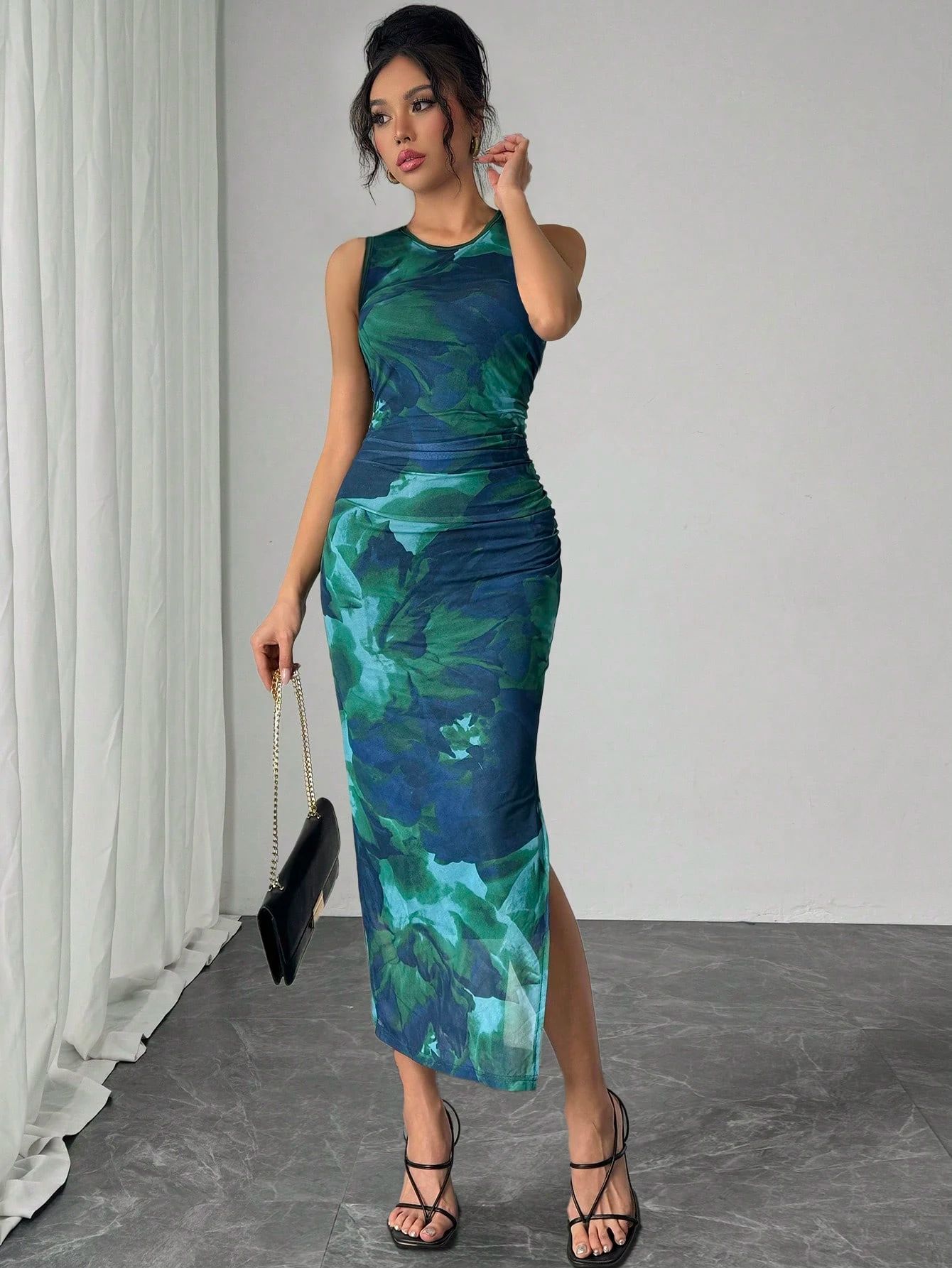 New Women's Sleeveless Printed Mesh Tight Dress