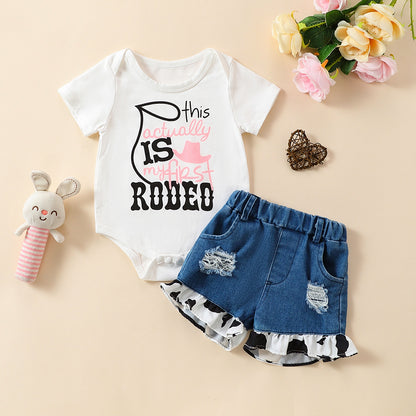 Girls' Summer Casual Suit Short Sleeved Kazakhstan Denim Shorts Two-piece Set