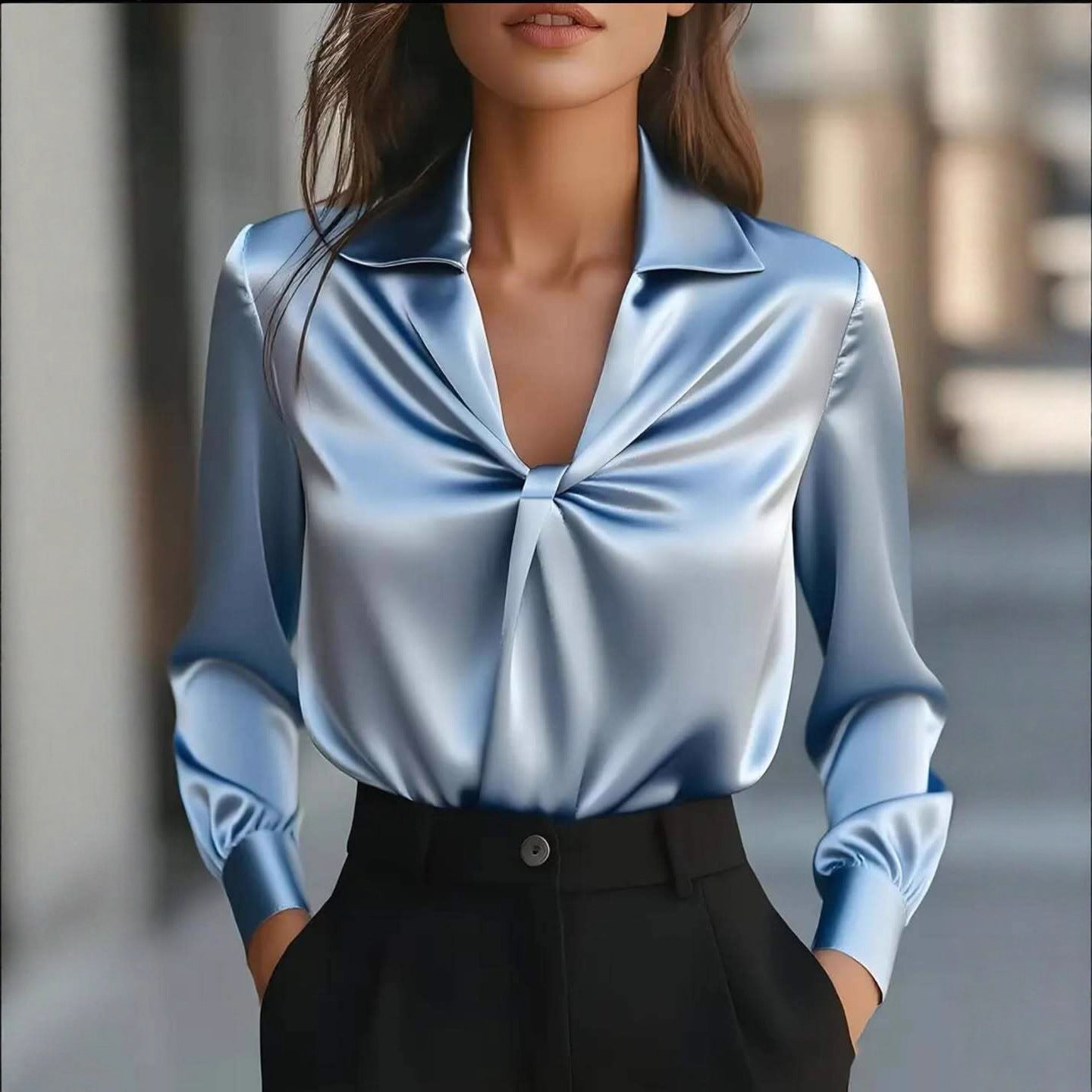 Autumn Fashion Temperament Solid Color Satin Pleated Long Sleeve Shirt Women