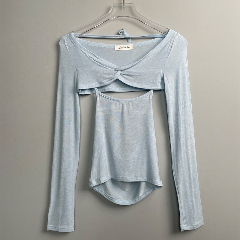 Autumn New Slightly See-through Thin Halter Spaghetti Straps Vest Long Sleeve Shawl Skinny Slimming Sets