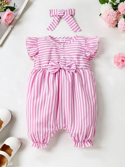 Flounced Sleeve Bow One-piece Romper Crawling Suit Same Style Fashion Hair Band