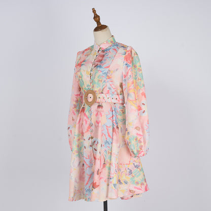 Single-breasted Stand-up Collar Puff Sleeve Waist With Belt Jumpsuit Skirt