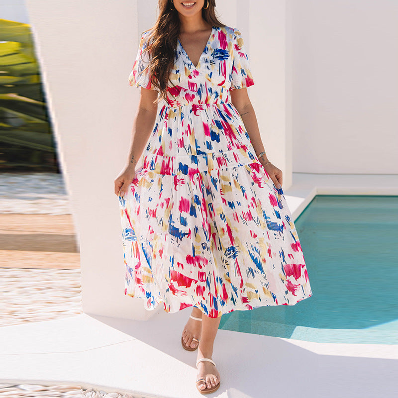 European And American Leisure All-match Multicolor Printed Cropped Dress