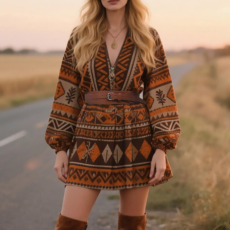 Loose Casual Bohemian Print Long Sleeve Dress