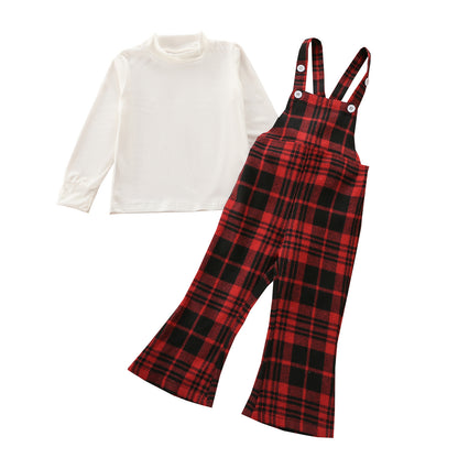 Two Piece Set Of Round Neck Top Plaid Suspender Trousers