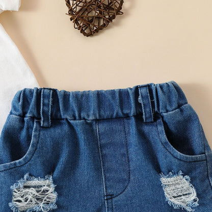 Girls' Summer Casual Suit Short Sleeved Kazakhstan Denim Shorts Two-piece Set