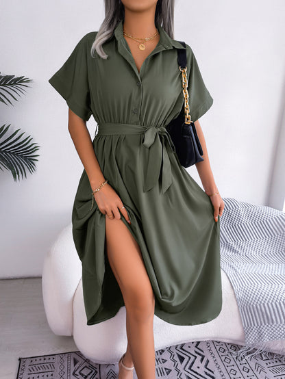 Ins Style European And American Leisure Loose Pure Color Tied Shirtdress