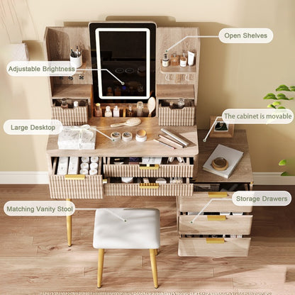 7-Drawer Vanity Desk With LED Mirror & Carved Details, Fluted Makeup Table With Metal Legs And PU Stool, Carved Dressing Table With Jewelry Storage For Bedroom