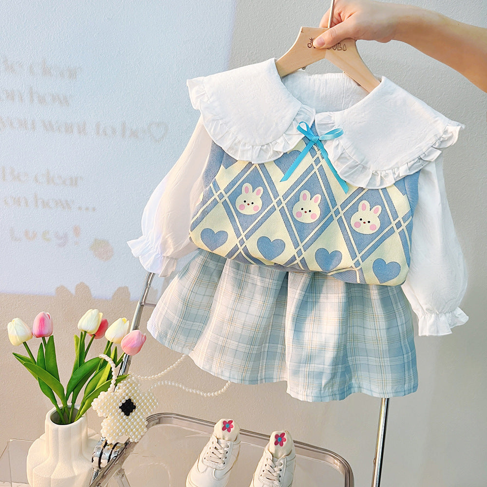 Autumn College Style Girls' Sweater Vest Vest Shirt Three-piece Set