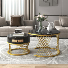 2 In 1 Round Coffee Table Made Of MDF With Marble Grain Veneer Top, Rattan Drawers And Solid Wood Handles. Gold Coloured Iron Legs. 70x70x45.5  50x50x38.5cm