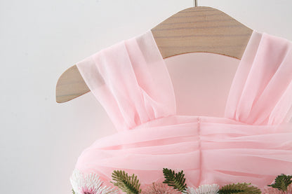 Girl's Mesh Strap Dress Waist Flower Princess Beautiful Dress