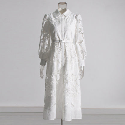 Lapel Long Lantern Sleeve Mid-length With Embroidery Dress