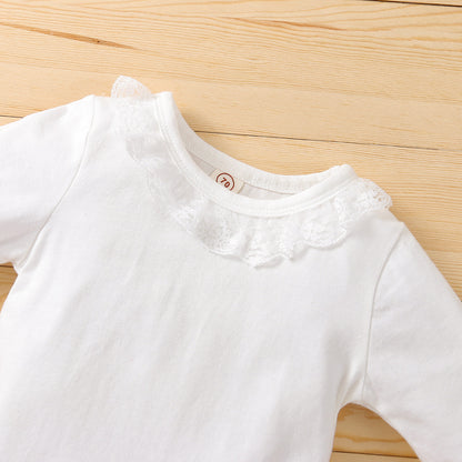 Lace Collar Long Sleeve Rombo Bow Shorts Three Piece Set