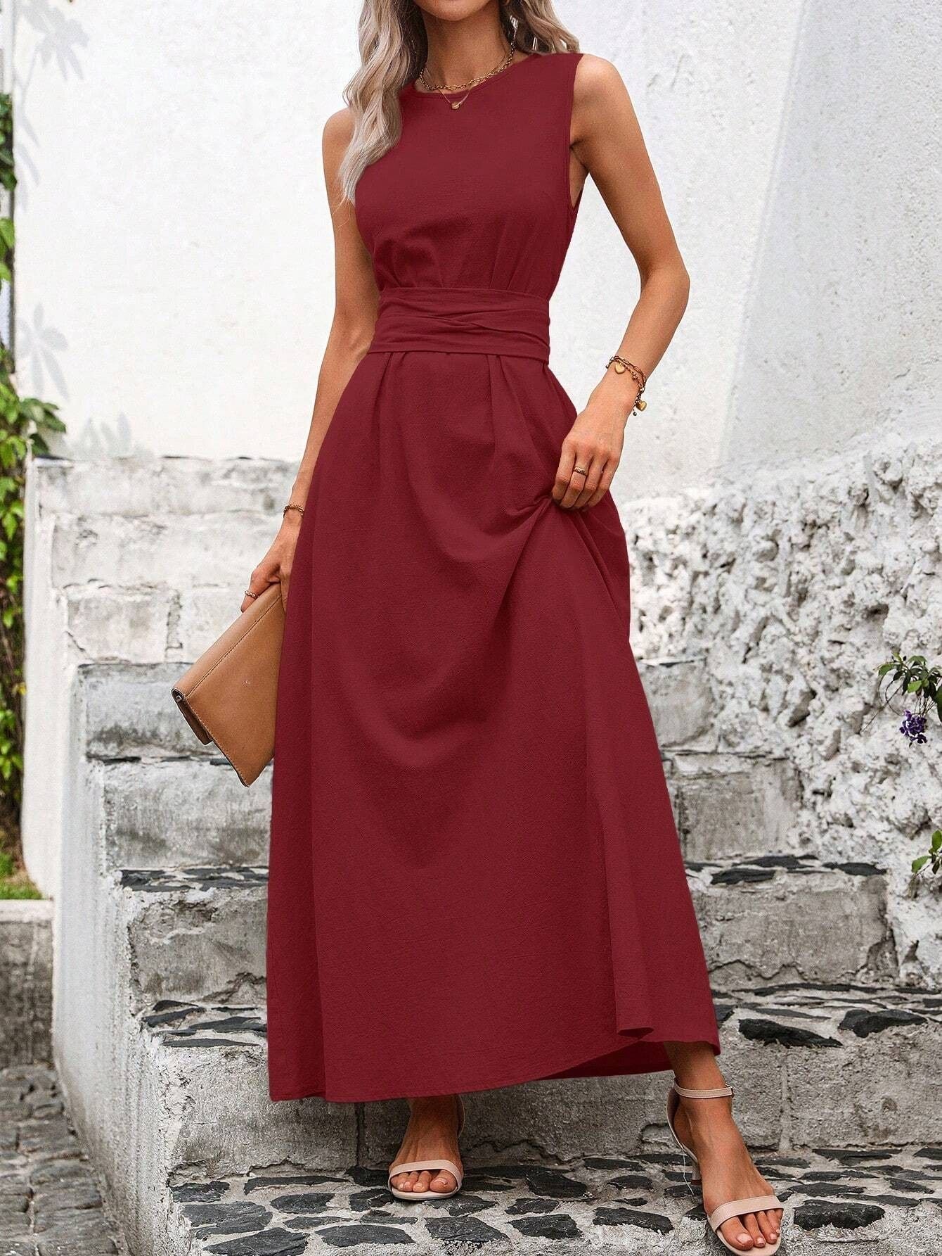 Women's Solid Color Round Neck Sleeveless Loose Casual Dress